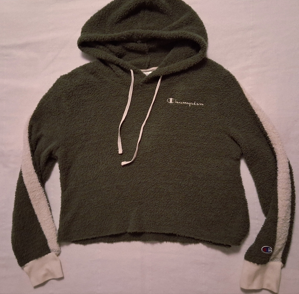 Champion Olive Green Fleece Hoodie with Cream Accents